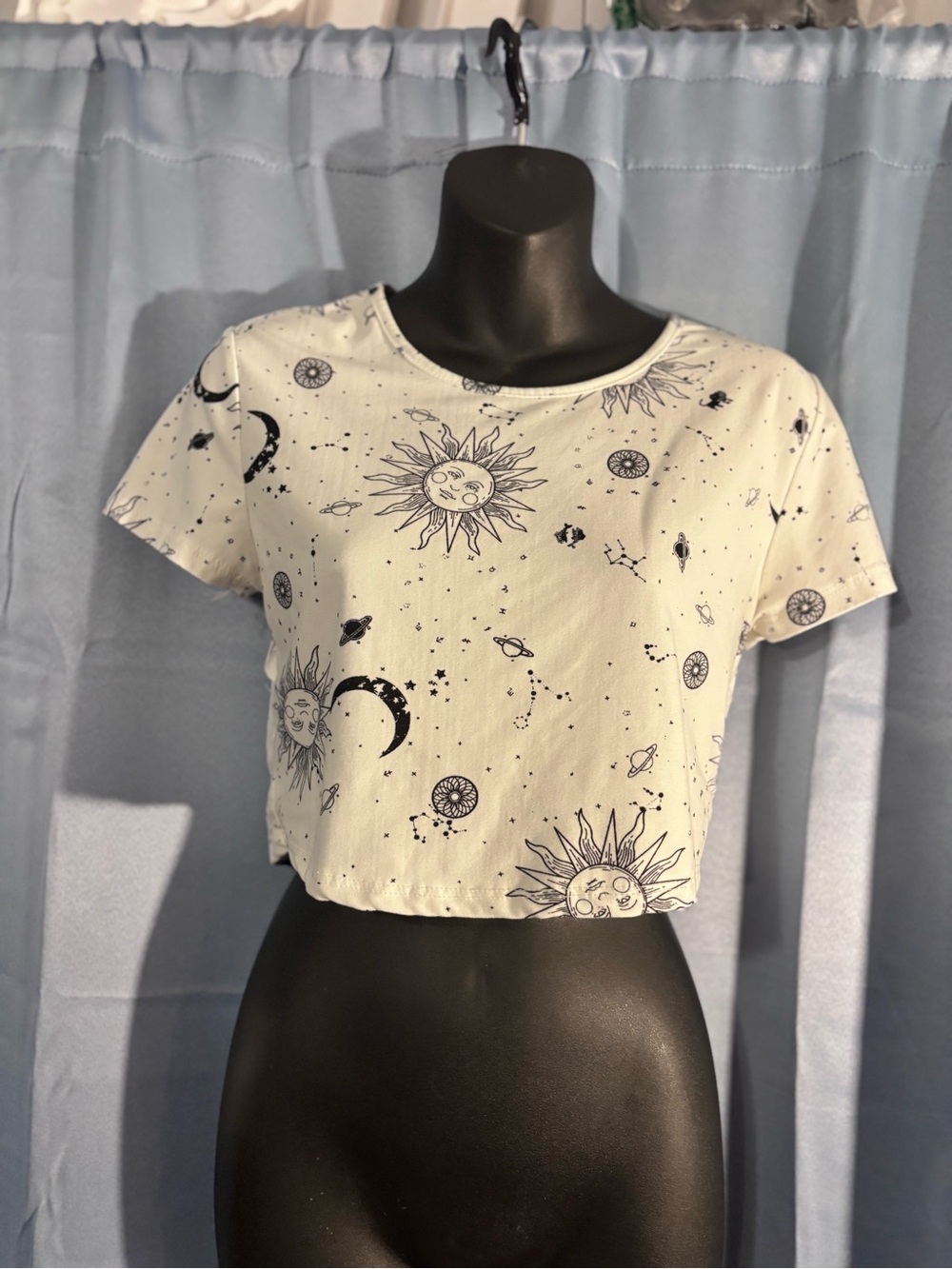 Celestial Print White Crop Tee with Open Back and Ring Detail